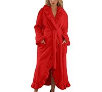 Generico Women's fleece bathrobe, soft long bathrobe with wool ruffles, fluffy and warm, comfortable loungewear, lightweight solid color adult wool winter bathrobe (Red,XL)