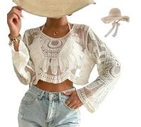 Generico Women's Floral Embroidered Semi-Sheer Cover Up, Long Sleeve Round Neck Lace, Boho Beach Swimsuit Cover with Sun Protection (White)