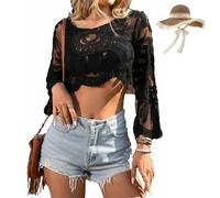 Generico Women's Floral Embroidered Semi-Sheer Cover Up, Long Sleeve Round Neck Lace, Boho Beach Swimsuit Cover with Sun Protection (Black)