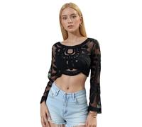 Generico Women's Floral Embroidered Semi-Sheer Cover Up, Long-Sleeved Round Neck Lace Sun Protection Duster Mesh Design Lace (Black)