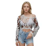 Generico Women's Floral Embroidered Semi-Sheer Cover Up, Long-Sleeved Round Neck Lace Sun Protection Duster Mesh Design Lace (White)