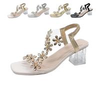 Generico Women's Flower Rhinestone Block Heel Sandals, 2025 Elastic Ankle Strap Chunky Square Toe High Heel Party Sandals (Beige,38)