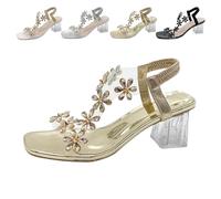 Generico Women's Flower Rhinestone Block Heel Sandals, 2025 Elastic Ankle Strap Chunky Square Toe High Heel Party Sandals (Gold,41)