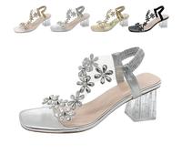 Generico Women's Flower Rhinestone Block Heel Sandals, 2025 Elastic Ankle Strap Chunky Square Toe High Heel Party Sandals (Silver,39)