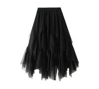 Generico Womens Fluffy Tulle Skirts Spring Summer Asymmetrical Flowy Fairy Skirts Boho High Waisted Ruffle Midi Layered Mesh Half Dress for Wedding Holiday Party Black One Size