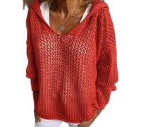 Generico Women's Hollow out Crochet Sweater Long Sleeve See Through V Neck Drop Shoulder Knit Pullover Tops (Red,S)