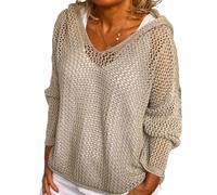 Generico Women's Hollow out Crochet Sweater Long Sleeve See Through V Neck Drop Shoulder Knit Pullover Tops (Khaki,S)