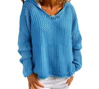 Generico Women's Hollow out Crochet Sweater Long Sleeve See Through V Neck Drop Shoulder Knit Pullover Tops (Blue,XL)