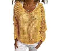 Generico Women's Hollow out Crochet Sweater Long Sleeve See Through V Neck Drop Shoulder Knit Pullover Tops (Yellow,M)