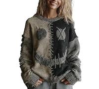 Generico Women's Horror Halloween Spooky Face Stitched Cozy Knit Sweater Funny Top Casual Holiday Party Shirt, Halloween Shirts (Charcoal,L)