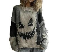 Generico Women's Horror Halloween Spooky Face Stitched Cozy Knit Sweater Funny Top Casual Holiday Party Shirt, Halloween Shirts (Ash,S)