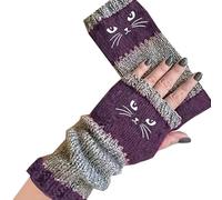 Generico Women's Knitted Fingerless Gloves with Cute Cat Embroidery, Knitted Fingerless Gloves, Warm Cozy Winter Vintage (Purple)