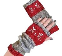 Generico Women's Knitted Fingerless Gloves with Cute Cat Embroidery, Knitted Fingerless Gloves, Warm Cozy Winter Vintage (Red)