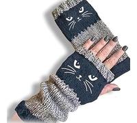 Generico Women's Knitted Fingerless Gloves with Cute Cat Embroidery, Knitted Fingerless Gloves, Warm Cozy Winter Vintage (Blue)
