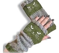 Generico Women's Knitted Fingerless Gloves with Cute Cat Embroidery, Knitted Fingerless Gloves, Warm Cozy Winter Vintage (Green)