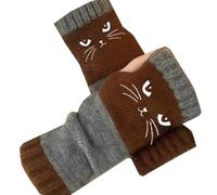 Generico Women's Knitted Fingerless Gloves with Cute Cat Embroidery, Knitted Fingerless Gloves, Warm Cozy Winter Vintage (Coffee)