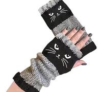 Generico Women's Knitted Fingerless Gloves with Cute Cat Embroidery, Knitted Fingerless Gloves, Warm Cozy Winter Vintage (Black)
