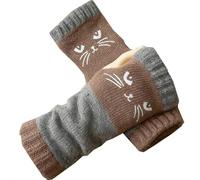 Generico Women's Knitted Fingerless Gloves with Cute Cat Embroidery, Knitted Fingerless Gloves, Warm Cozy Winter Vintage (Khaki)