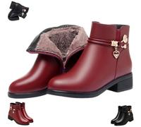 Generico Womens Leather Wool Orthopedic Boots Winter Waterproof Warm Rhinestone Block Heel Side Zipper Flat Ankle Booties (Red,38)