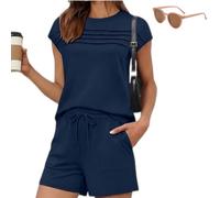 Generico Women's Pintuck T-Shirt Drawstring Shorts 2-Pcs Set,Summer Causal Crew Neck Sweatsuit with Pockets,Solid Color Loungewear Set