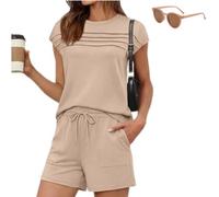 Generico Women's Pintuck T-Shirt Drawstring Shorts 2-Pcs Set,Summer Causal Crew Neck Sweatsuit with Pockets,Solid Color Loungewear Set