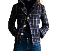 Generico Womens Plaid Retro Warm Blazer - Short Single Breasted Jacket with Stand Collar & Pockets, Casual Coat (Navy,S)