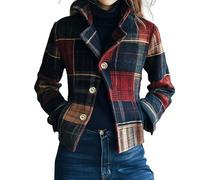 Generico Womens Plaid Retro Warm Blazer - Short Single Breasted Jacket with Stand Collar & Pockets, Casual Coat (Dark Blue,3XL)