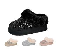 Generico Women's Platform Glitter Sequin Flat Slippers Fuzzy Fluffy Lined Slippers Warm Winter Snow Boots Indoor Outdoor 2026 New (Black,36)