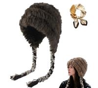 Generico Women's Plush Windproof Hat, Winter Warm Snow cap with Braid Strap, Cute Slouchy Knitted Earflap Beanie Hat (IT, Testo, L, Dark Brown)