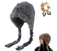 Generico Women's Plush Windproof Hat, Winter Warm Snow cap with Braid Strap, Cute Slouchy Knitted Earflap Beanie Hat (IT, Testo, L, Dark Gray)