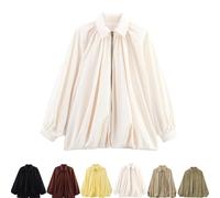 Generico Womens Puffed Bomber Jacket Casual Batwing Sleeve Lapel Collar Zip Shirts Oversized Pleated Streetwear Jackets (White,S)
