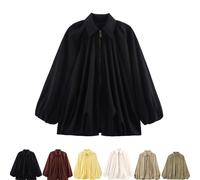 Generico Womens Puffed Bomber Jacket Casual Batwing Sleeve Lapel Collar Zip Shirts Oversized Pleated Streetwear Jackets (Black,S)