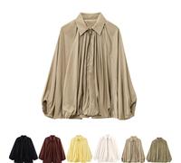 Generico Womens Puffed Bomber Jacket Casual Batwing Sleeve Lapel Collar Zip Shirts Oversized Pleated Streetwear Jackets (Khaki,S)