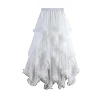 Generico Womens Renaissance Tulle Skirt High Waisted Asymmetrical Ruffle Mesh Tiered Layered Fairy Costume Skirts with Lining for Concert Birthday Party Daily Wear White One Size