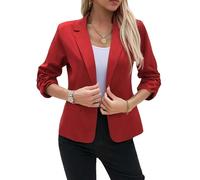 Generico Womens Ruched 3/4 Sleeve Blazers Elegant Slim Business Casual Suit Jacket Fit Work Office Blazer with Padded Shoulder (Red,L)