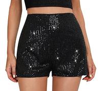 Generico Women's Sequin Sparkle Elastic High Waist A Line Party Concert Shorts for Disco, Rave & Party Concert Outfit Summer Dance Street Club Night out, Black, M