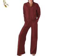 Generico Women's Solid Color V - Neck Top And Pants Two - Piece Set,Fall Long Sleeve Sweatshirt Wide Leg Pants Tracksuit Lounge Outfit