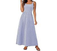 Generico Women's Spaghetti Strap Retro Square Neck Plaid Pleated Extra Long Dress Sleeveless A-Line Boho Checkered Dress (Blue,L)