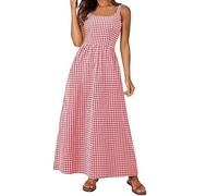 Generico Women's Spaghetti Strap Retro Square Neck Plaid Pleated Extra Long Dress Sleeveless A-Line Boho Checkered Dress (Red,S)