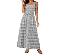 Generico Women's Spaghetti Strap Retro Square Neck Plaid Pleated Extra Long Dress Sleeveless A-Line Boho Checkered Dress (Black,M)