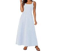 Generico Women's Spaghetti Strap Retro Square Neck Plaid Pleated Extra Long Dress Sleeveless A-Line Boho Checkered Dress (Light Blue,M)