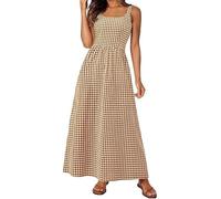 Generico Women's Spaghetti Strap Retro Square Neck Plaid Pleated Extra Long Dress Sleeveless A-Line Boho Checkered Dress (Brown,M)