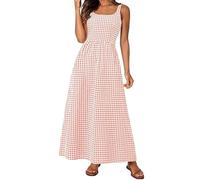 Generico Women's Spaghetti Strap Retro Square Neck Plaid Pleated Extra Long Dress Sleeveless A-Line Boho Checkered Dress (Pink,XL)