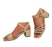 Generico Women's Sparkly Low Chunky Block Heels Sandals Rhinestone Square Open Toe Ankle Strap Dress Pump Sandals Wide Width Strappy Sandals Non-Slip Walking Shoes (Gold,41)