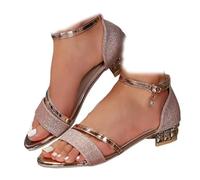 Generico Women's Sparkly Low Chunky Block Heels Sandals Rhinestone Square Open Toe Ankle Strap Dress Pump Sandals Wide Width Strappy Sandals Non-Slip Walking Shoes (Pink,37)