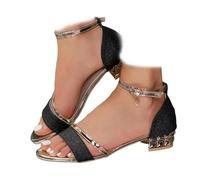 Generico Women's Sparkly Low Chunky Block Heels Sandals Rhinestone Square Open Toe Ankle Strap Dress Pump Sandals Wide Width Strappy Sandals Non-Slip Walking Shoes (Black,41)