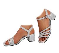 Generico Women's Sparkly Low Chunky Block Heels Sandals Rhinestone Square Open Toe Ankle Strap Dress Pump Sandals Wide Width Strappy Sandals Non-Slip Walking Shoes (Silver,38)