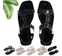 Generico Women's Sparkly Rhinestone Elastic Strap Elegant Slip On Flat Sandals (Black-A,39)