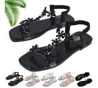 Generico Women's Sparkly Rhinestone Elastic Strap Elegant Slip On Flat Sandals (Black-B,37)