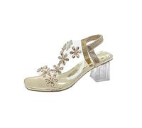 Generico Women's Summer Flower Rhinestone Open Toe Block Heel Sandals Elastic Ankle Strap Chunky Square Open Toe Heeled Sandals (Gold,39)